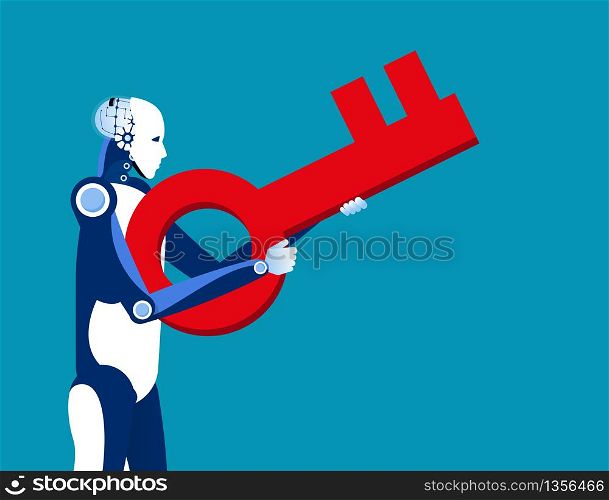 Robot aiming key to success. Concept business vector illustration. Flat cartoon character style design.