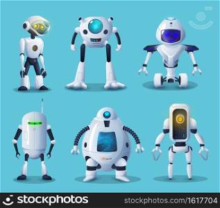 Robot and android bot vector characters of artificial intelligence technologies. Cartoon white cyborgs and droids with robotic arms, manipulators, legs and wheels, modern robot helpers design. Robot and android bot characters, ai intelligence