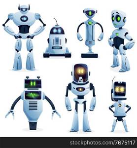 Robot and artificial intelligence bot cartoon characters. Vector ai robots, androids, cyborgs and droids with humanoid bodies, cute computer faces and mechanical manipulator arms, antennas, headphones. Robot and artificial intelligence bot characters