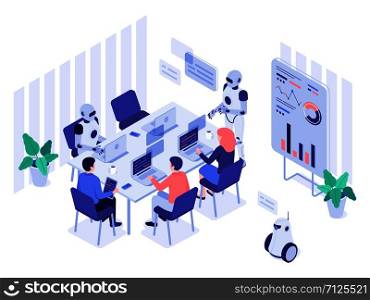 Robot and human office workers. Robotic worker, humans and robots work together in futuristic workplace. Ai programmer or cyborg illustrator working with people isometric vector illustration. Robot and human office workers. Robotic worker, humans and robots work together in futuristic workplace isometric vector illustration