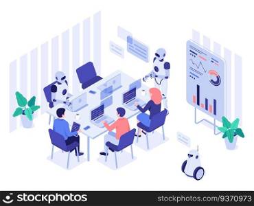 Robot and human office workers. Robotic worker, humans and robots work together in futuristic workplace. Ai programmer or cyborg illustrator working with people isometric vector illustration. Robot and human office workers. Robotic worker, humans and robots work together in futuristic workplace isometric vector illustration