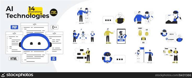 Robot and people interaction flat line concept vector spot illustrations bundle. AI technologies. Virtual friendship 2D cartoon characters on white for web UI design. Editable hero image collection. Robot and people interaction flat line concept vector spot illustrations bundle