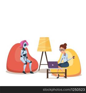Robot and Woman with Laptop in Bean Bag Chair. Successful Businesswoman Sit Hold Cup of Tea or Coffee. Female Artificial Intelligence Character with Pink Hair. Flat Cartoon Vector Illustration.. Robot and Woman with Laptop in Bean Bag Chair