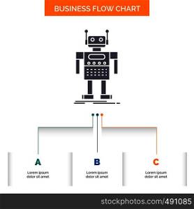robot, Android, artificial, bot, technology Business Flow Chart Design with 3 Steps. Glyph Icon For Presentation Background Template Place for text.. Vector EPS10 Abstract Template background