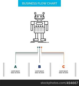 robot, Android, artificial, bot, technology Business Flow Chart Design with 3 Steps. Line Icon For Presentation Background Template Place for text. Vector EPS10 Abstract Template background