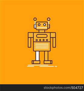 robot, Android, artificial, bot, technology Flat Line Filled Icon. Beautiful Logo button over yellow background for UI and UX, website or mobile application. Vector EPS10 Abstract Template background