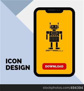 robot, Android, artificial, bot, technology Glyph Icon in Mobile for Download Page. Yellow Background. Vector EPS10 Abstract Template background
