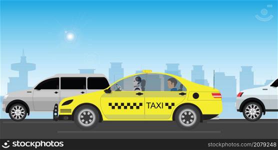 Robot Android driving a taxi in the city street and passenger sitting in the back seat of the car, AI robot ,Artificial Intelligence computer machine instead human driver, Vector illustration.