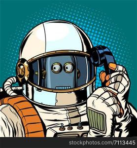 Robot astronaut talking on the phone. Pop art retro vector illustration drawing. Robot astronaut talking on the phone