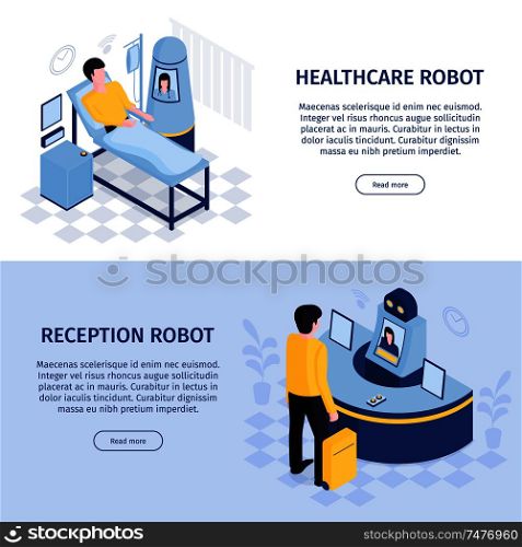 Robot automation horizontal banners set with receptionist and doctor robotic interfaces with people text and buttons vector illustration