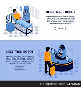 Robot automation horizontal banners set with receptionist and doctor robotic interfaces with people text and buttons vector illustration