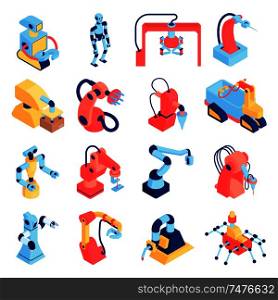Robot automation set of colourful isolated images with robots and robotic arms of different body shape vector illustration