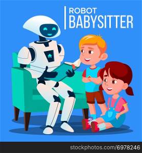 Robot Babysitter Reading A Book To Child On The Sofa Vector. Illustration. Robot Babysitter Reading A Book To Child On The Sofa Vector. Isolated Illustration