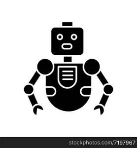 Robot black glyph icon. Innovative technology. Artificial intelligence. Futuristic children toy. Cute cyborg mascot. Humanoid machine. Silhouette symbol on white space. Vector isolated illustration