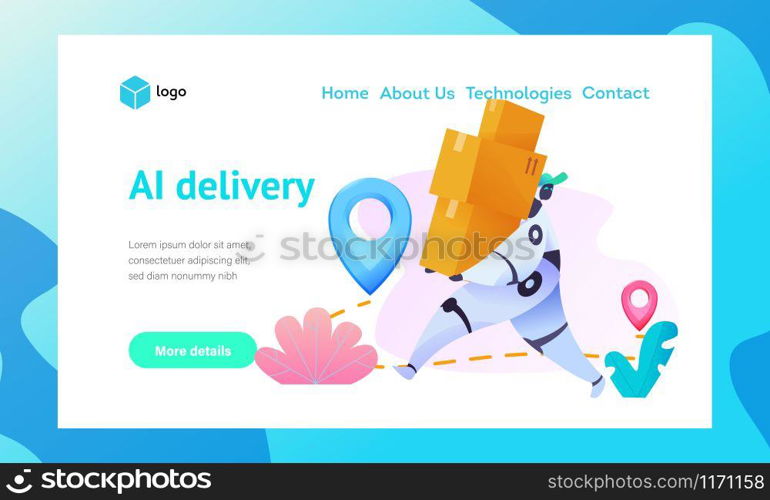 Robot carries bunch of cardboard boxes from point A to point B. Metaphor of AI and bots in delivery of goods. Concept of smart logistics and transport services. Vector flat illustration