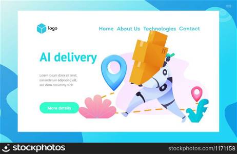 Robot carries bunch of cardboard boxes from point A to point B. Metaphor of AI and bots in delivery of goods. Concept of smart logistics and transport services. Vector flat illustration