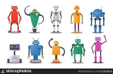 Robot characters. Human chatbot with artificial intelligence with funny faces. Happy android gestures. Automation toys. Isolated futuristic cyborgs. Cute AI assistants. Vector tech support mascots set. Robot characters. Human chatbot with artificial intelligence with funny faces. Android gestures. Automation toys. Isolated futuristic cyborgs. AI assistants. Vector tech support mascots set