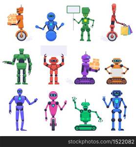 Robot characters. Robotic mechanical humanoid characters, chatbot assistant mascots, technology android bot isolated vector illustration set. Robot humanoid, futuristic mechanical cyborg. Robot characters. Robotic mechanical humanoid characters, chatbot assistant mascots, technology android bot isolated vector illustration set