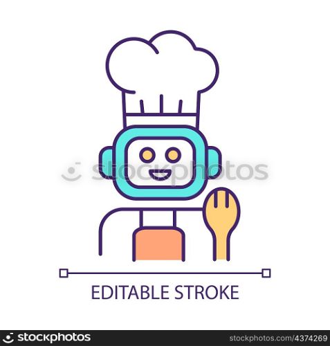 Robot chef RGB color icon. Kitchen robotics equipment. Commercial and household. Automatic food preparation. Isolated vector illustration. Simple filled line drawing. Editable stroke. Arial font used. Robot chef RGB color icon