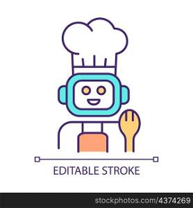 Robot chef RGB color icon. Kitchen robotics equipment. Commercial and household. Automatic food preparation. Isolated vector illustration. Simple filled line drawing. Editable stroke. Arial font used. Robot chef RGB color icon