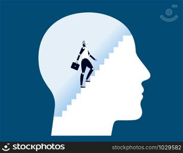 Robot climbing stairs inside human head. Concept business vector illustration.