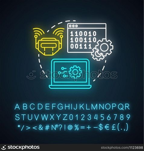 Robot control neon light concept icon. Robotics system idea. Software and binary code. Information technology, programming. Glowing sign with alphabet, numbers, symbols. Vector isolated illustration