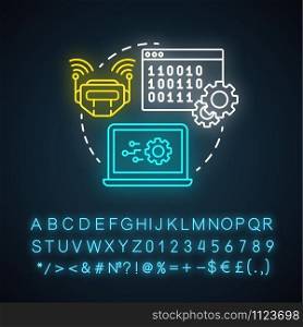 Robot control neon light concept icon. Robotics system idea. Software and binary code. Information technology, programming. Glowing sign with alphabet, numbers, symbols. Vector isolated illustration
