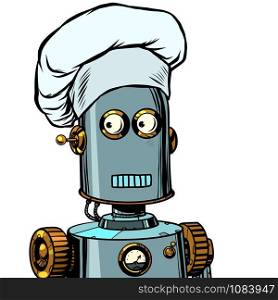 Robot cook food, takes orders at the restaurant. Pop art retro vector illustration drawing. Robot cook food, takes orders at the restaurant