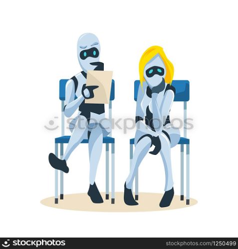 Robot Couple Sit on Chair Wait for Job Interview. Male Character Hold Resume. Modern Technology and Artificial Intelligence in Office. Pensive Female Bot Candidate. Flat Cartoon Vector Illustration. Robot Couple Sit on Chair Wait for Job Interview