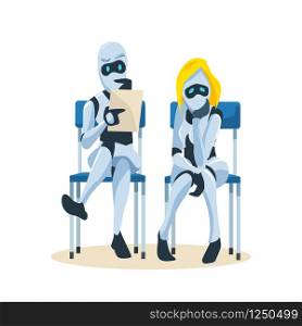 Robot Couple Sit on Chair Wait for Job Interview. Male Character Hold Resume. Modern Technology and Artificial Intelligence in Office. Pensive Female Bot Candidate. Flat Cartoon Vector Illustration. Robot Couple Sit on Chair Wait for Job Interview