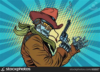 Robot cowboy wild West, OK gesture, pop art retro vector illustration. Steampunk Western style. Science fiction