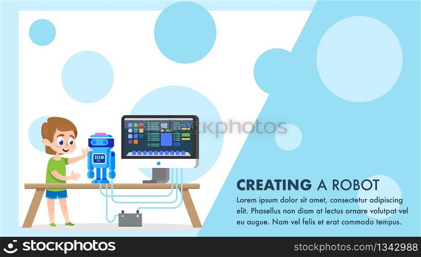 Robot Creating and Programming Course. Cartoon Talent Boy Character Styding at Electronic Engineering Class. Young Future Scientist Standing at Desk. Child Cyber Hobbies Illustration.. Robot Creating Course. Flat. Young Child Hobbies.