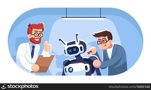 Robot creation flat vector illustration. Cyborg workshop. People constructing mechanical person. Droid repairing service. Robotics courses. Young men assembling bot cartoon characters