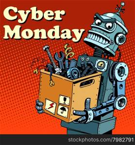 Robot Cyber Monday gadgets and electronics pop art retro style. Robot Cyber Monday gadgets and electronics