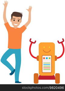 Robot dancing disco with man. Artificial intelligence, development of technology for entertainment. Male character and green robot have fun moving to rhythm of music. Party time, recreation, dance. Robot dancing disco with man. Artificial intelligence, development of technology for entertainment