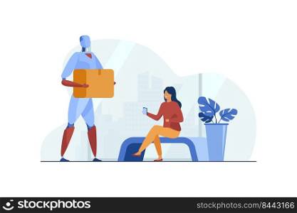 Robot delivering parcel to woman flat vector illustration. Hi-tech, service, future. Robotic delivery concept can be used for presentations, banner, website design, landing web page