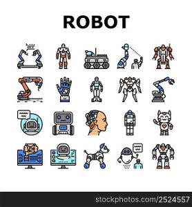 Robot Development And Industry Icons Set Vector. Pre-programmed Robot And Smart Cyborg, Industrial Robotic Arm And Humanoid. Futuristic Digital Computer Technology Color Illustrations. Robot Development And Industry Icons Set Vector