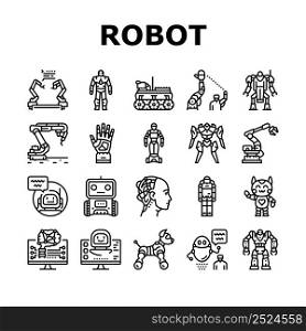 Robot Development And Industry Icons Set Vector. Pre-programmed Robot And Smart Cyborg, Industrial Robotic Arm And Humanoid. Futuristic Digital Computer Technology Black Contour Illustrations. Robot Development And Industry Icons Set Vector