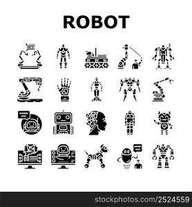 Robot Development And Industry Icons Set Vector. Pre-programmed Robot And Smart Cyborg, Industrial Robotic Arm And Humanoid. Futuristic Digital Computer Technology Glyph Pictograms Black Illustrations. Robot Development And Industry Icons Set Vector