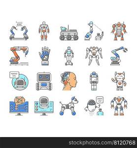 Robot Development And Industry Icons Set Vector. Pre-programmed Robot And Smart Cyborg, Industrial Robotic Arm And Humanoid. Futuristic Digital Computer Technology Color Illustrations. Robot Development And Industry Icons Set Vector