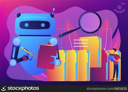 Robot doing repeatable tasks with a lot of folders and magnifier. Robotic process automation, service robots profit, automated processing concept. Bright vibrant violet vector isolated illustration. Robotic process automation concept vector illustration.