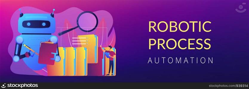 Robot doing repeatable tasks with folders and magnifier. Robotic process automation, service robots profit, automated processing concept. Header or footer banner template with copy space.. Robotic process automation concept banner header.