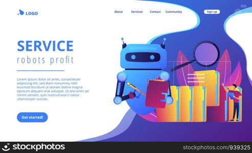 Robot doing repeatable tasks with folders and magnifier. Robotic process automation, service robots profit, automated processing concept. Website vibrant violet landing web page template.. Robotic process automation concept landing page.