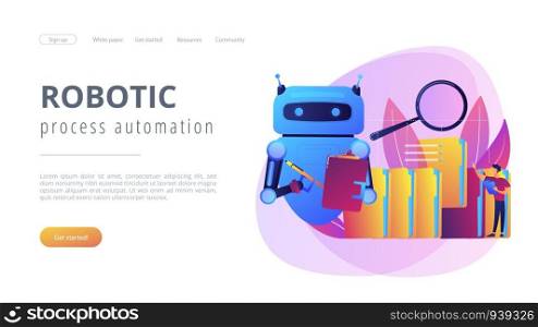 Robot doing repeatable tasks with folders and magnifier. Robotic process automation, service robots profit, automated processing concept. Website vibrant violet landing web page template.. Robotic process automation concept landing page.
