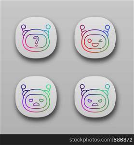 Robot emojis app icons set. Chatbot emoticons. Angry, winky, sad chat bot smileys. UI/UX user interface. Chatbot FAQ. Artificial intelligence. Web or mobile applications. Vector isolated illustrations. Robot emojis app icons set