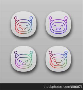 Robot emojis app icons set. Chatbot emoticons. Laughing, happy, angry, winky chat bot smileys. Artificial intelligence. UI/UX user interface. Web or mobile applications. Vector isolated illustrations. Robot emojis app icons set
