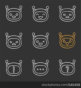 Robot emojis chalk icons set. Chatbot emoticons. Chat bot smileys. Artificial intelligence. Virtual assistant. Artificial conversational entity. Isolated vector chalkboard illustrations. Robot emojis chalk icons set