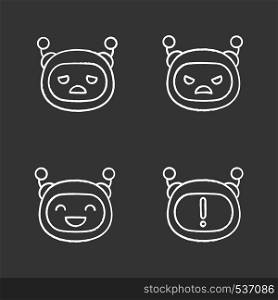 Robot emojis chalk icons set. Chatbot emoticons. Sad, angry, happy chat bot smileys. Chatbot notification. Artificial intelligence. Isolated vector chalkboard illustrations. Robot emojis chalk icons set