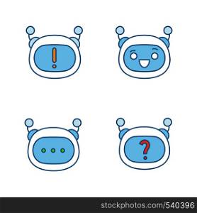 Robot emojis color icons set. Chatbot emoticons. Chat bot notification and FAQ, laughing smiley, chatbot message. Artificial intelligence. Virtual assistant. Isolated vector illustrations. Robot emojis color icons set