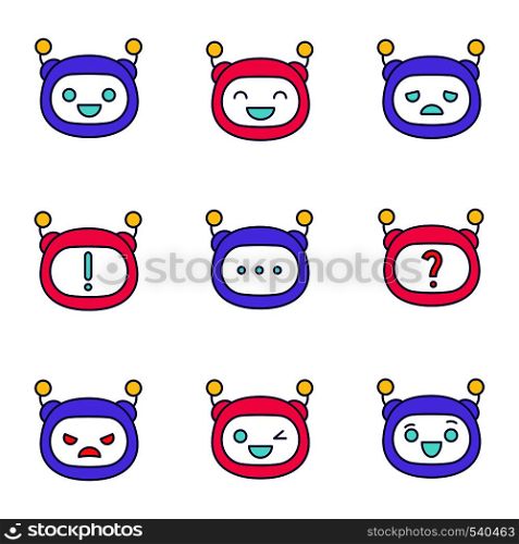 Robot emojis color icons set. Chatbot emoticons. Chat bot smileys. Artificial intelligence. Virtual assistant. Artificial conversational entity. Isolated vector illustrations. Robot emojis color icons set
